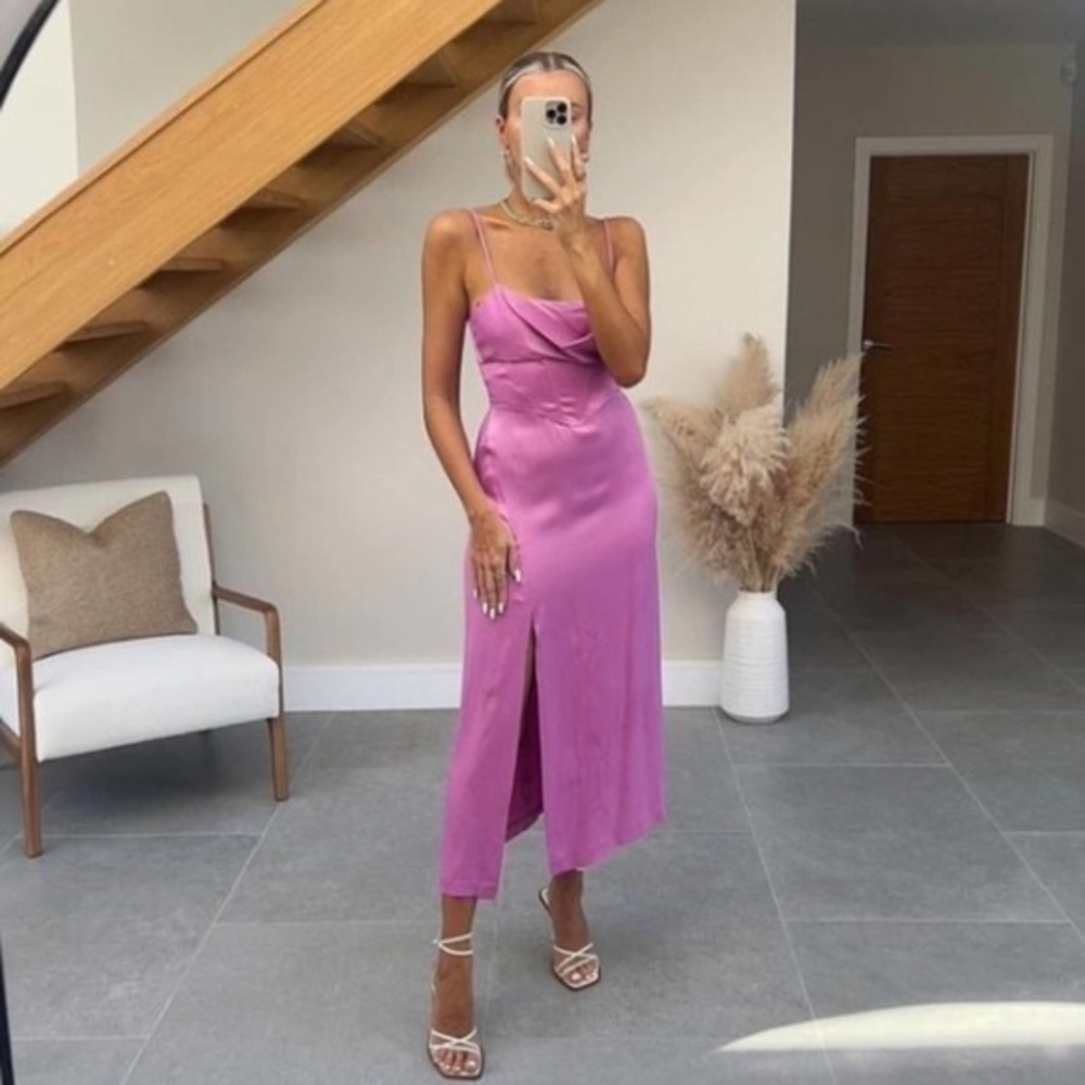 Zara Satin Effect Midi Dress with Spaghetti Straps Corset Pink Xs blogger fav